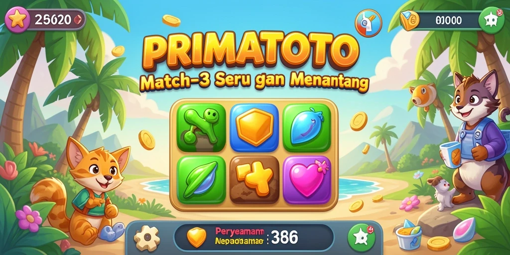 Tampilan gameplay PRIMATOTO yang menarik dengan objek match-3 yang berwarna-warni.